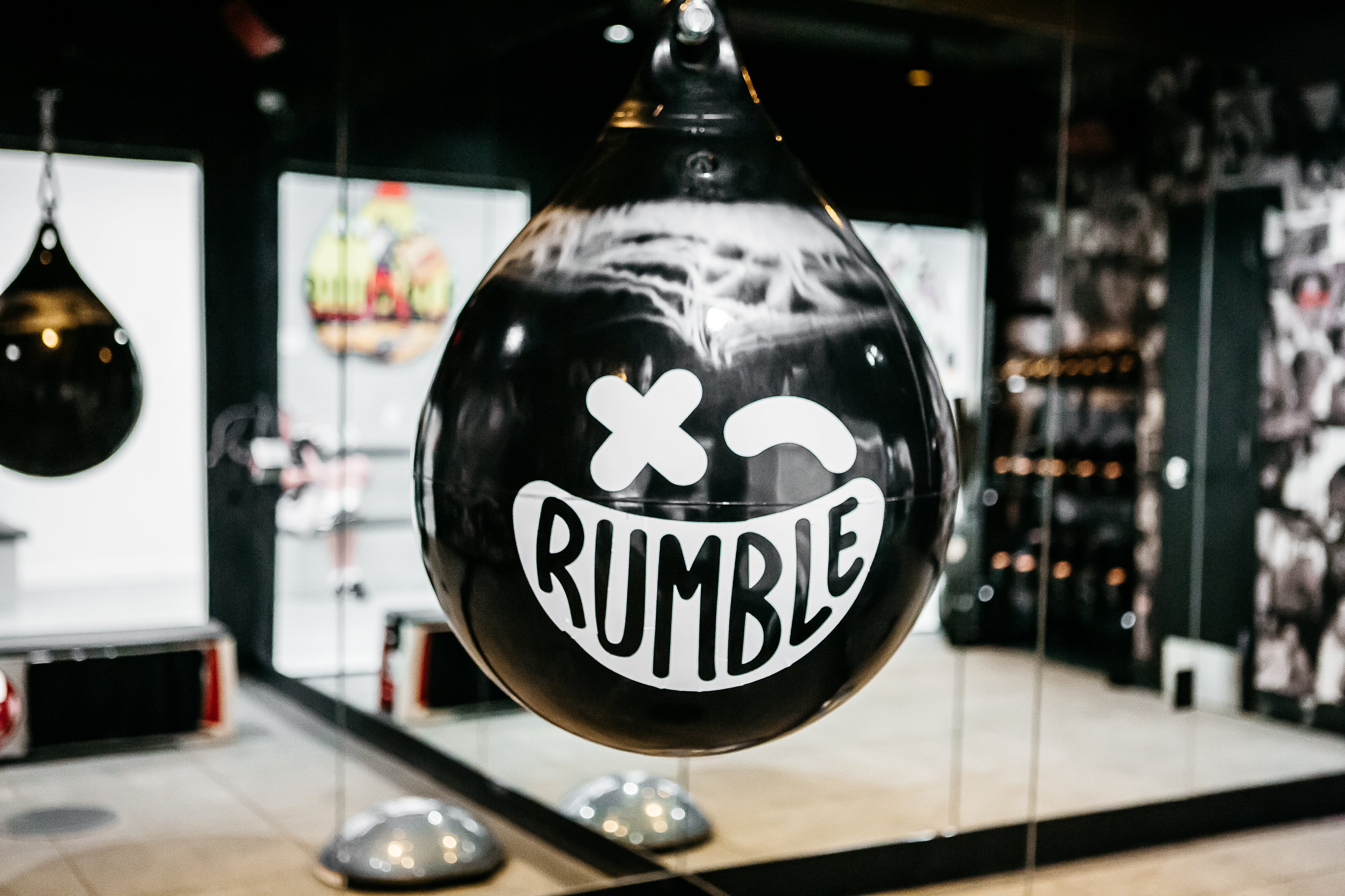 Punching bag with Rumble logo